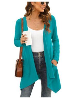 Lightweight Knit Cardigan for Women Open Front Shrug with Pockets High Low Hem
